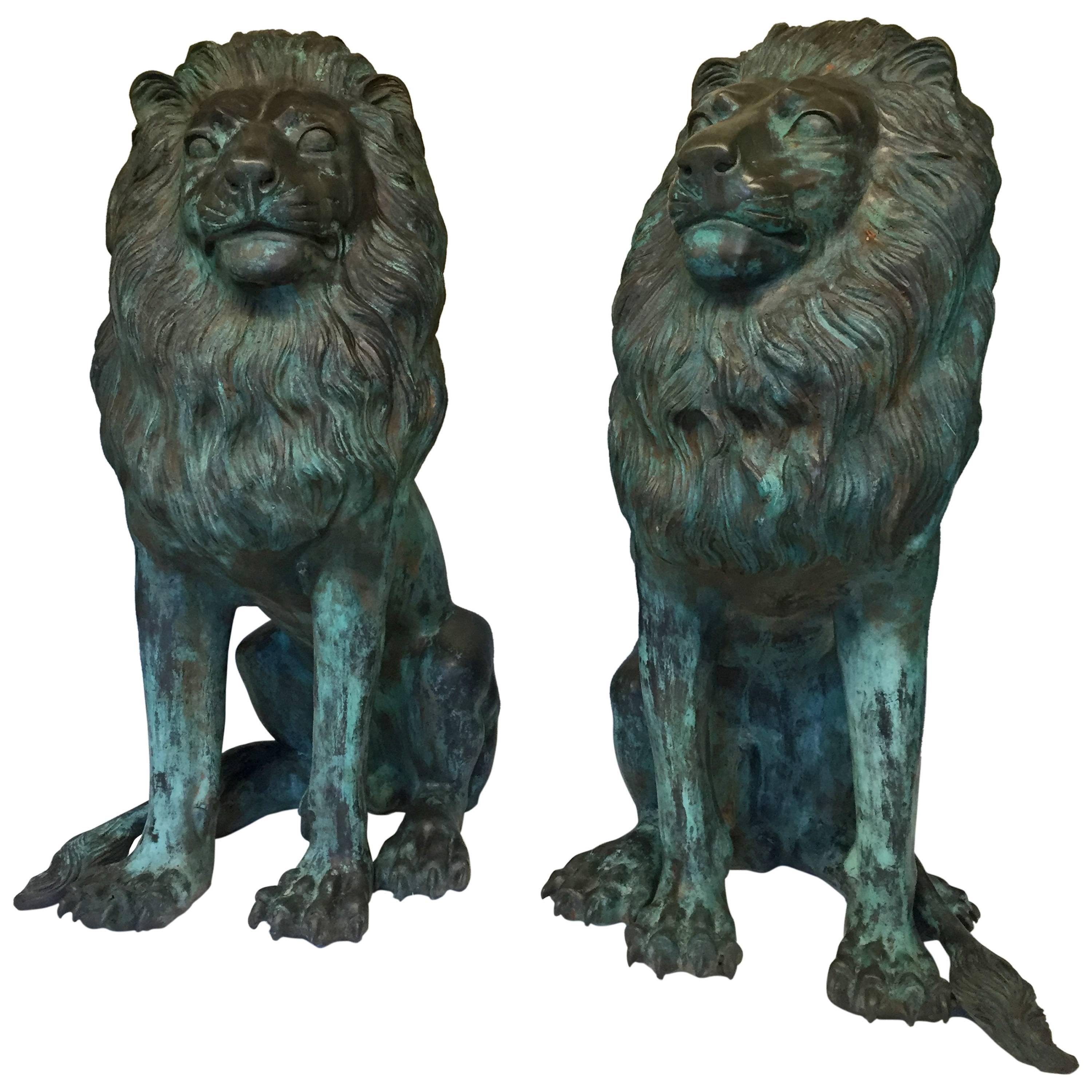 Monumental Pair of Striking Verdigris Bronze Lion Sculptures