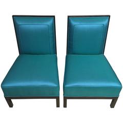 Sexy Pair of Turquoise Silk and Mahogany Lounge Chairs