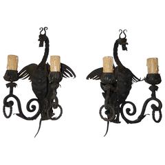 1890 French Winged Dragon Wrought Iron Sconces