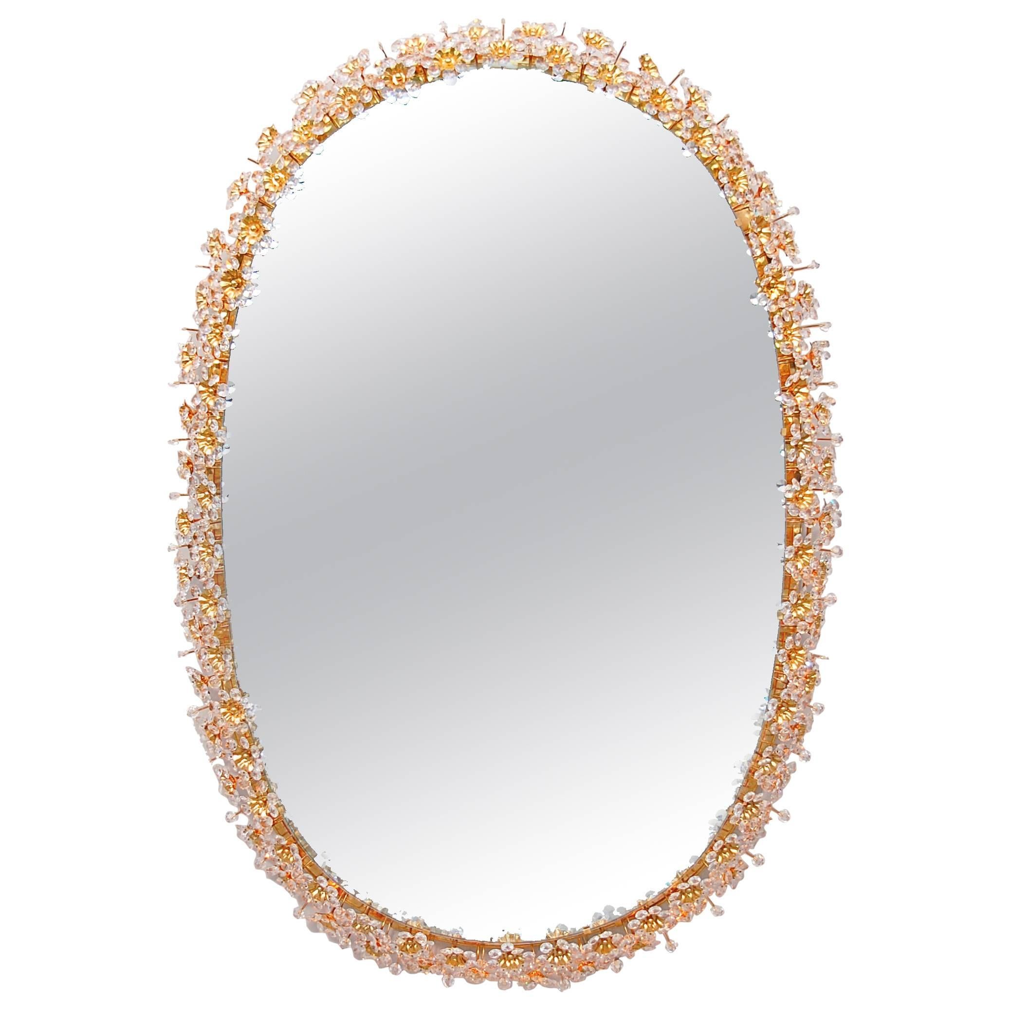 Oval Gilt Brass and Crystal Backlit Mirror by Palwa, circa 1960s