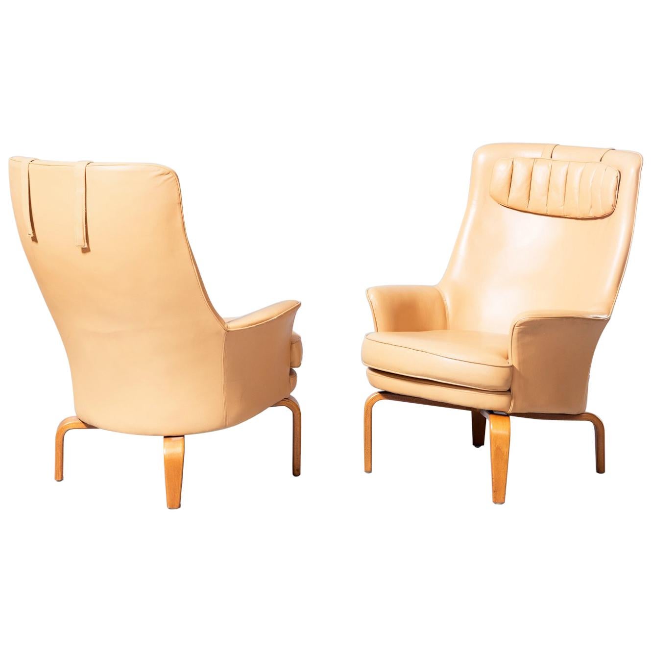 Wonderful Arne Norell Pilot Chairs Two High Back Lounge Sweden Leather and Beech