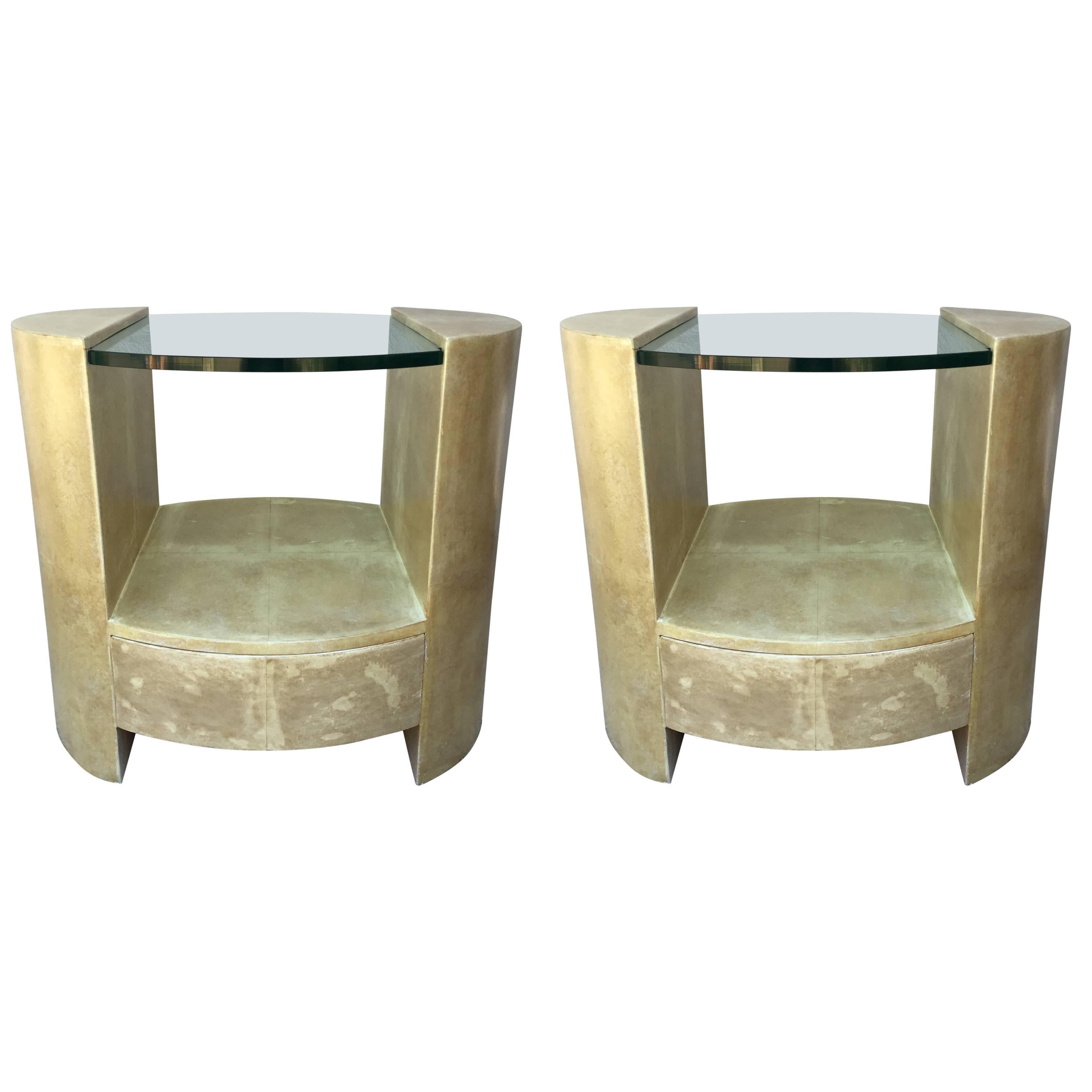 Pair of Ron Seff Goatskin Parchment Glass Side Tables /Nightstands Tables