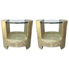 Vintage Pair of Ron Seff Goatskin Parchment Glass Side Tables /Nightstands Tables
