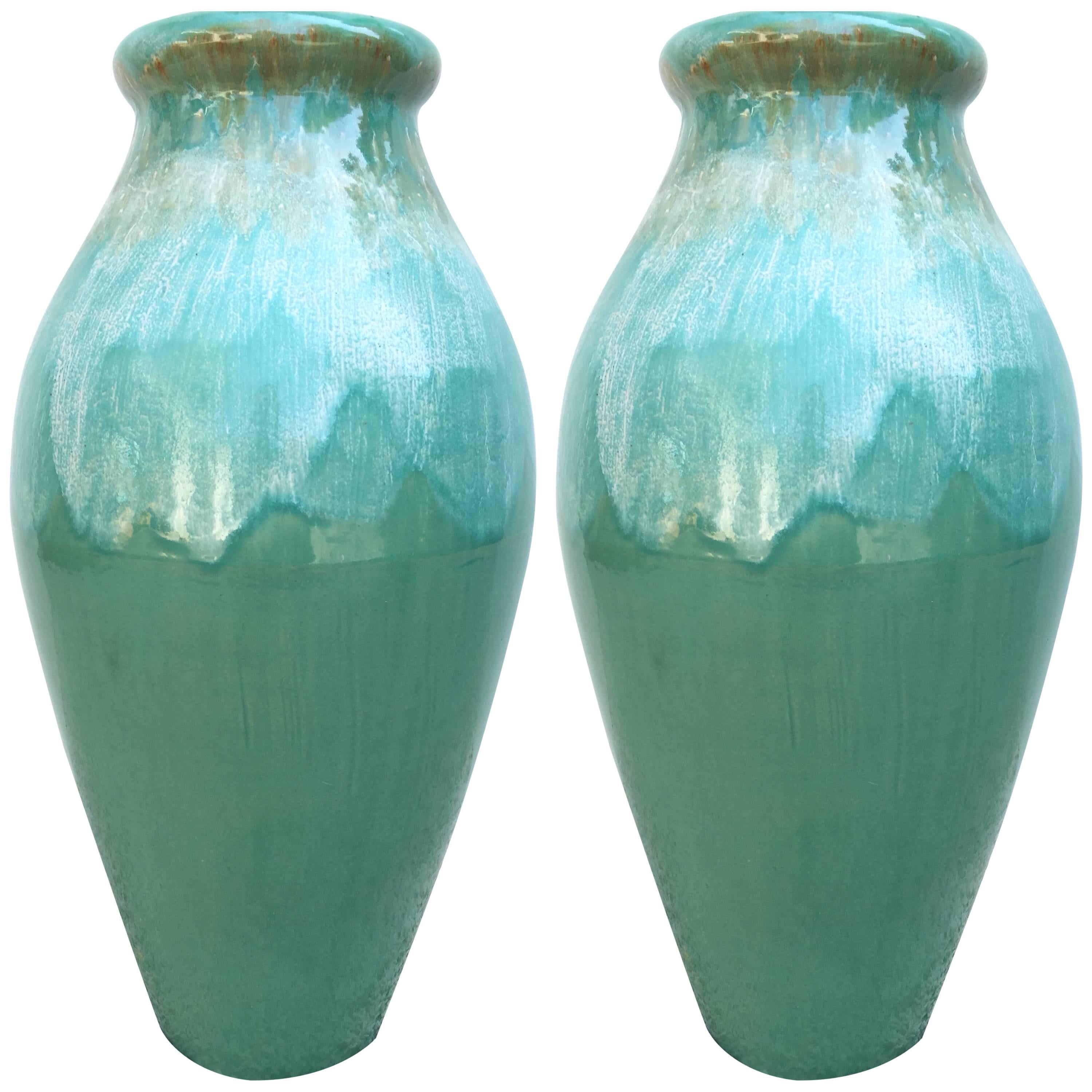 Pair of Massive Roseville Ohio Co Ceramic Jadiniers Turquiose Hand-Painted For Sale