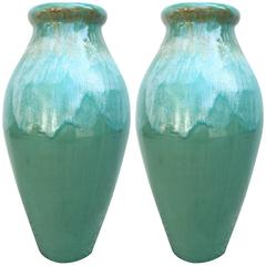 Used Pair of Massive Roseville Ohio Co Ceramic Jadiniers Turquiose Hand-Painted