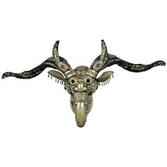 Antique Tibetan Kapala Rams Skull Adorned with Silver and Semi Precious Stones 9