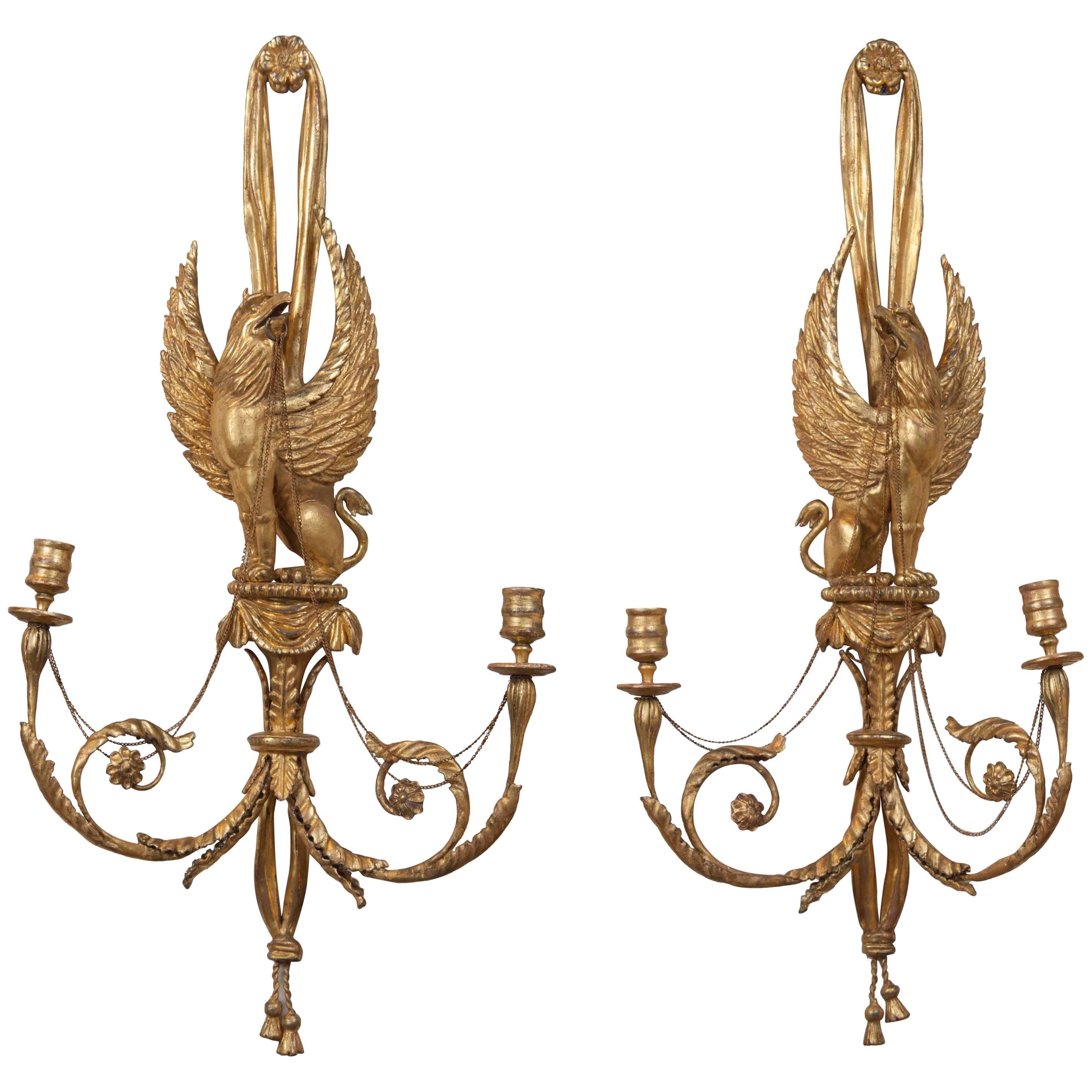 Pair of Regency Style Giltwood Gryphon Wall Sconces