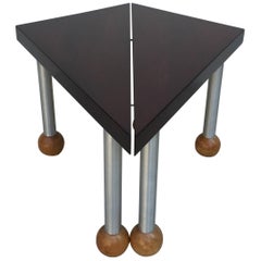 Vintage Pair Triangular Tables Spun Aluminum Legs Blonde Mahogany Ball Feet Russel Wrigh