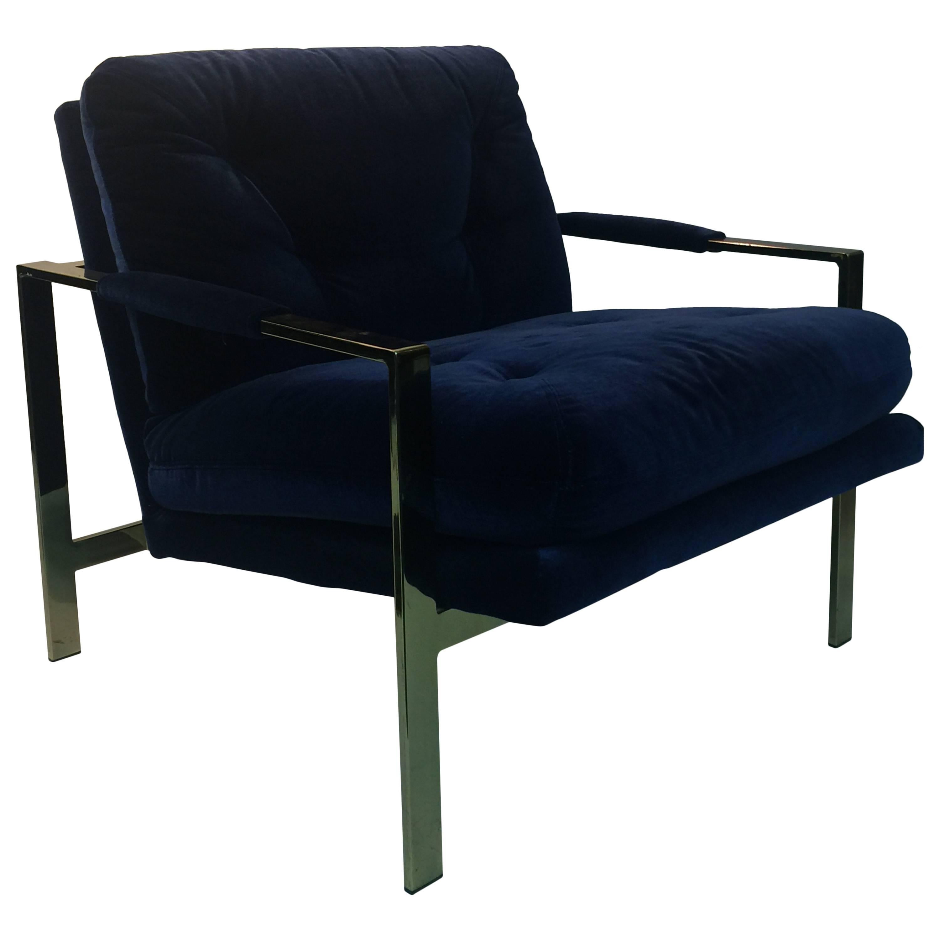 Luxurious Milo Baughman Lounge Chair Upholstered in Lush Blue Velvet For Sale