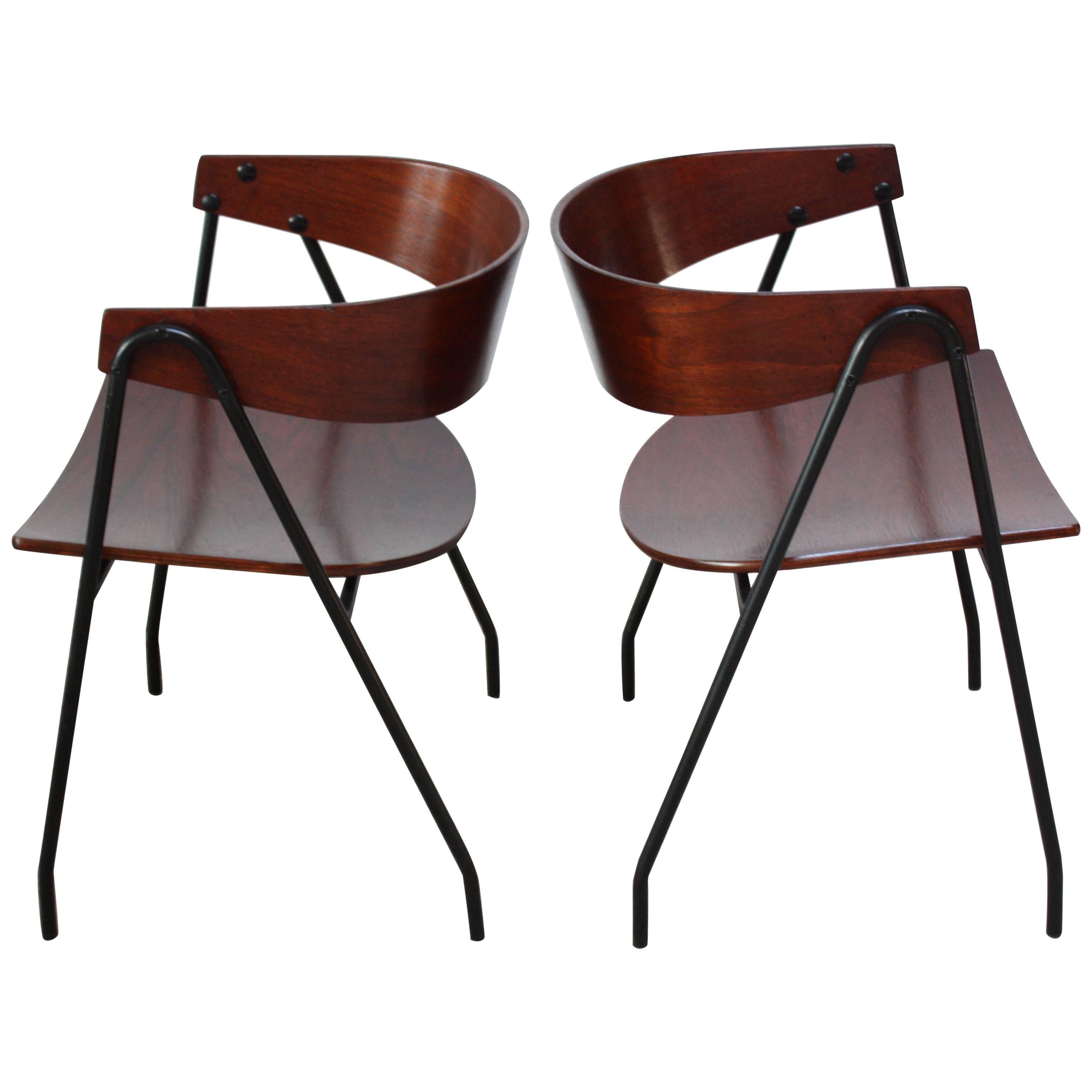 Pair of French Bentwood and Steel 'Compass' Chairs after Pierre Guariche