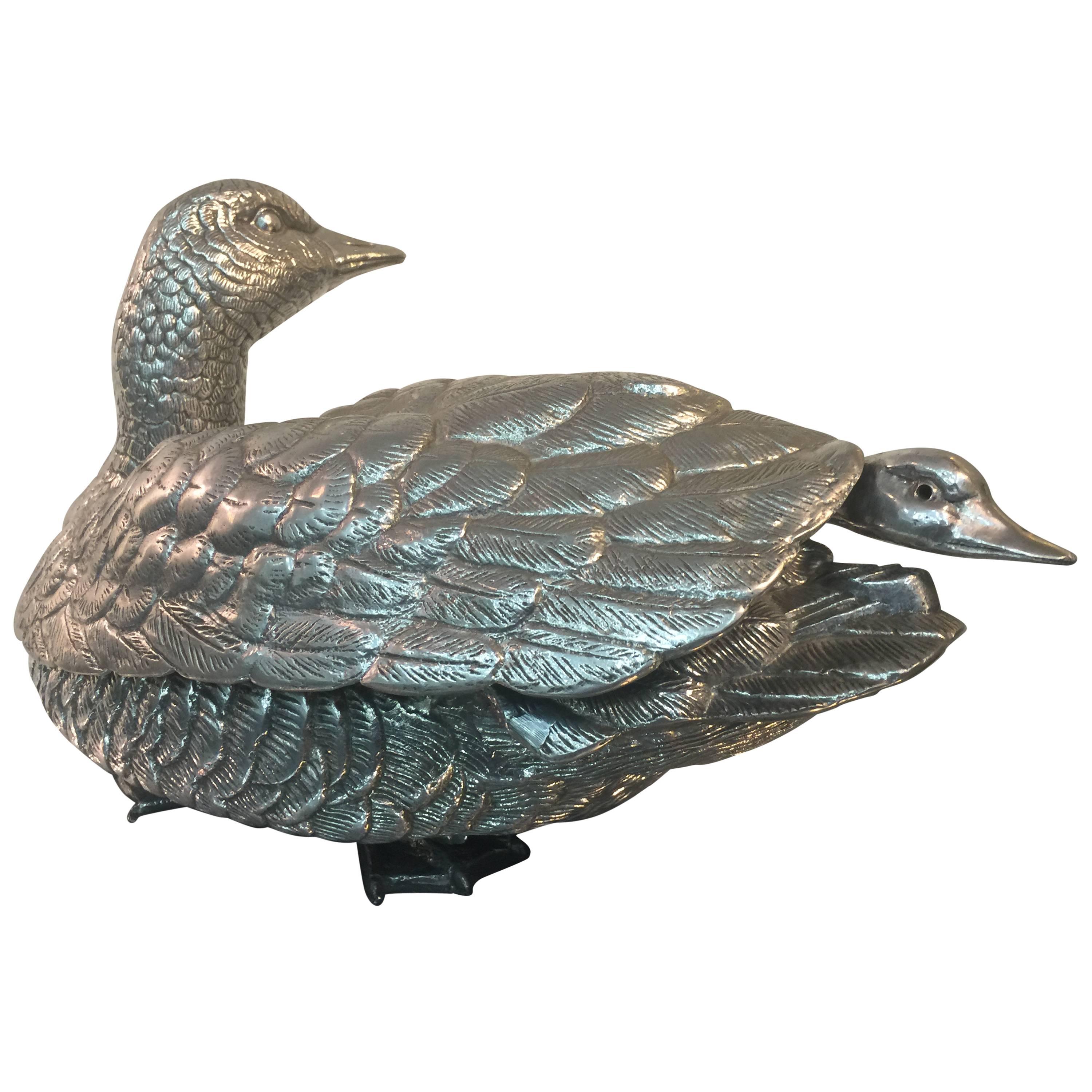 Terrific Covered Duck Tureen with Aluminum Ladle by Arthur Court For Sale