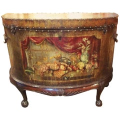 Vintage  English George III Demilune Shaped Painted Leather Chest on Stand 