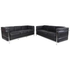 Pair of Le Corbusier Style Mid-Century Modern Three-Seat Leather Sofas 9