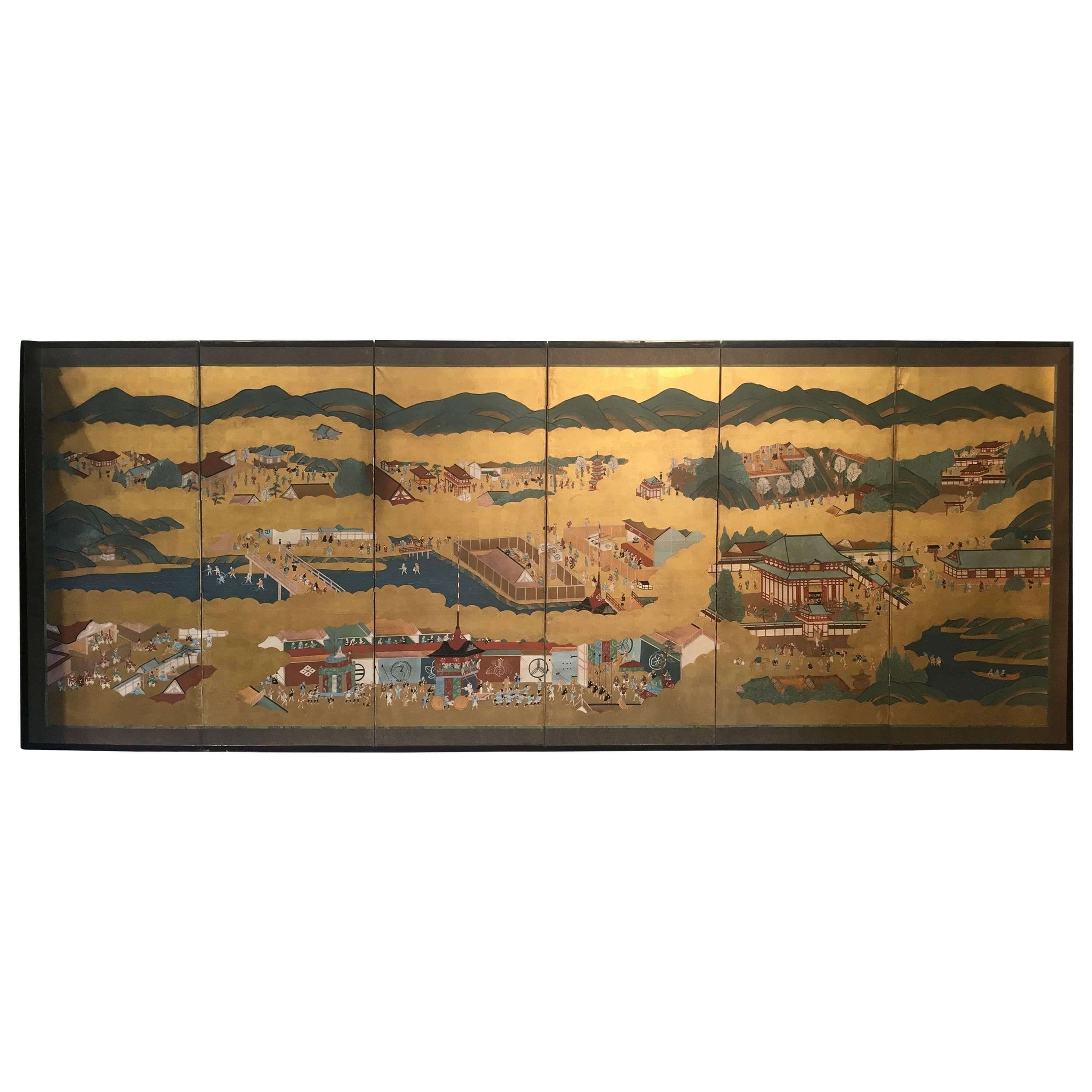 Japanese Edo Period six Panel Screen "Gion Festival", Tosa School