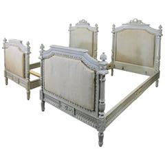 Antique Pair of 19th Century French Louis XVI Hand-Carved Neoclassical Painted Twin Beds