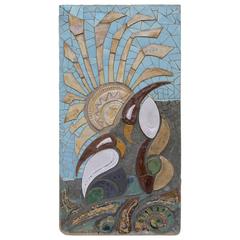 Large Ceramic Wall Sculpture with Exotic Bird and Sun Image