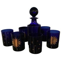 S/6 Glasses & Decanter Blue & Gold Culver Mid-Century Modern "Celestial" Pattern 4