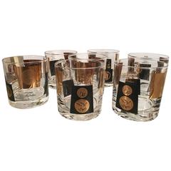 S/7 Mid-Century Modern Bob Wallack Black & Gold US Coin Cocktail Glasses