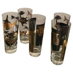 S/5 Mid-Century Modern Edwin Kalla Black and Gold Cocktail Glasses 10