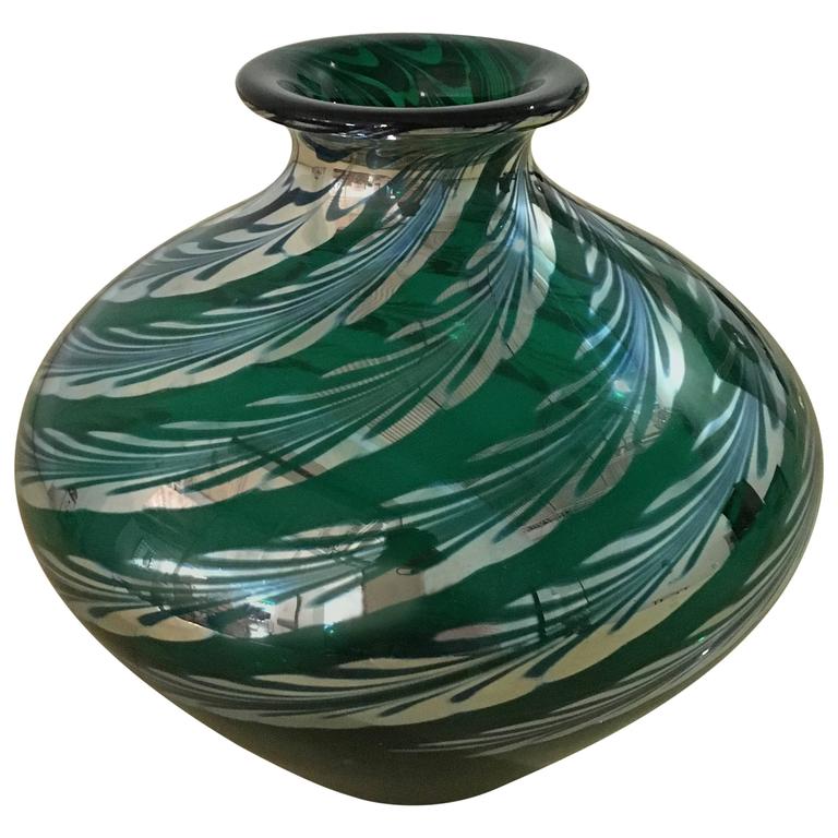 Mid Century Modern Correia Iridescent Emerald Green with Swirl Art Glass Vase For Sale at 1stdibs