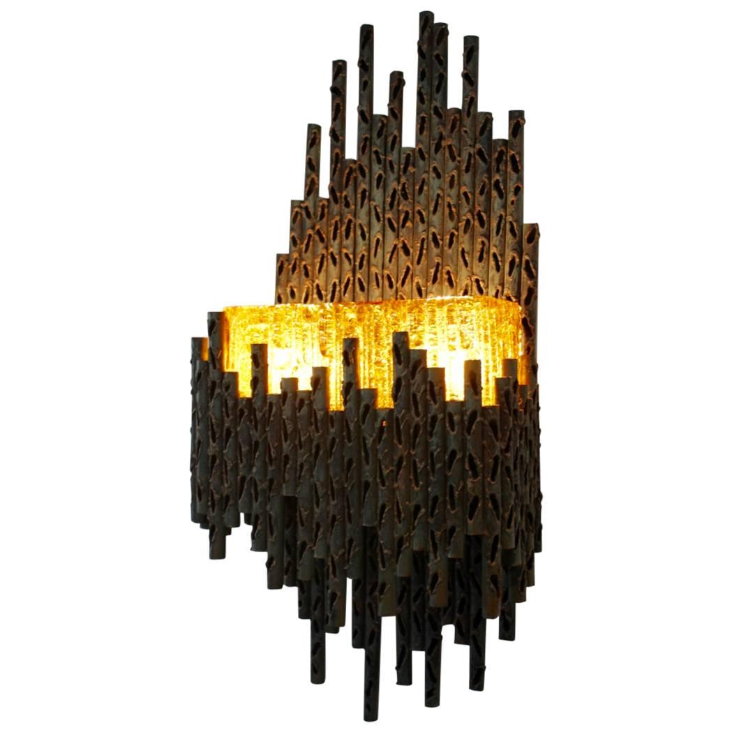 Marcello Fantoni Brutalist Metal Sculptured Wall Lamp, Italy For Sale