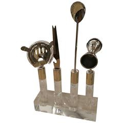 Mid-Century Modern Lucite and Stainless Steel Set of Bar Tools with Holder