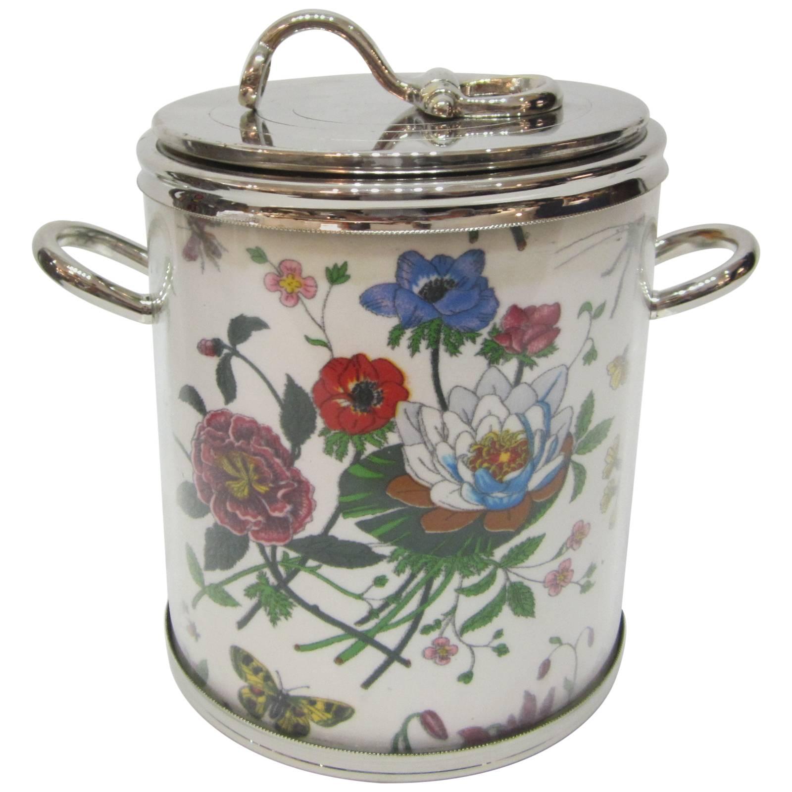 Gucci Vinyl-Covered Floral Print and Nickeled Metal Ice Bucket Signed