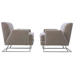 Pair of Lounge Chairs in Mohair with Thin Polished Steel Base