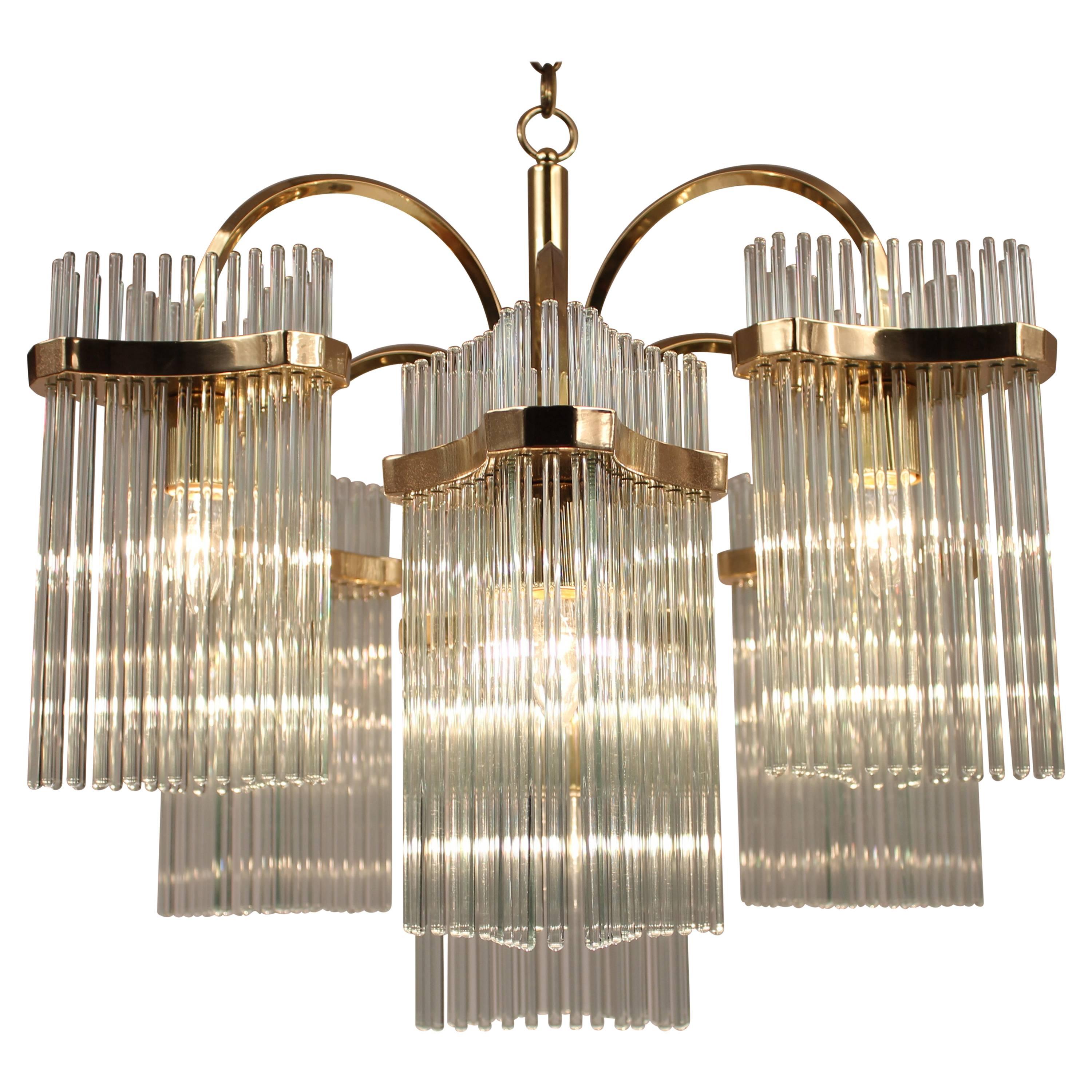 Massive Cascading Sciolari Seven Arms Glass Rods & Brass Chandelier, 1960s Italy