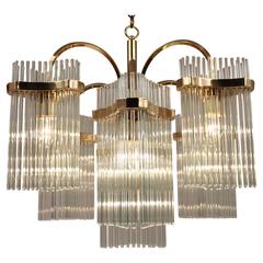 Massive Cascading Sciolari Seven Arms Glass Rods & Brass Chandelier, 1960s Italy