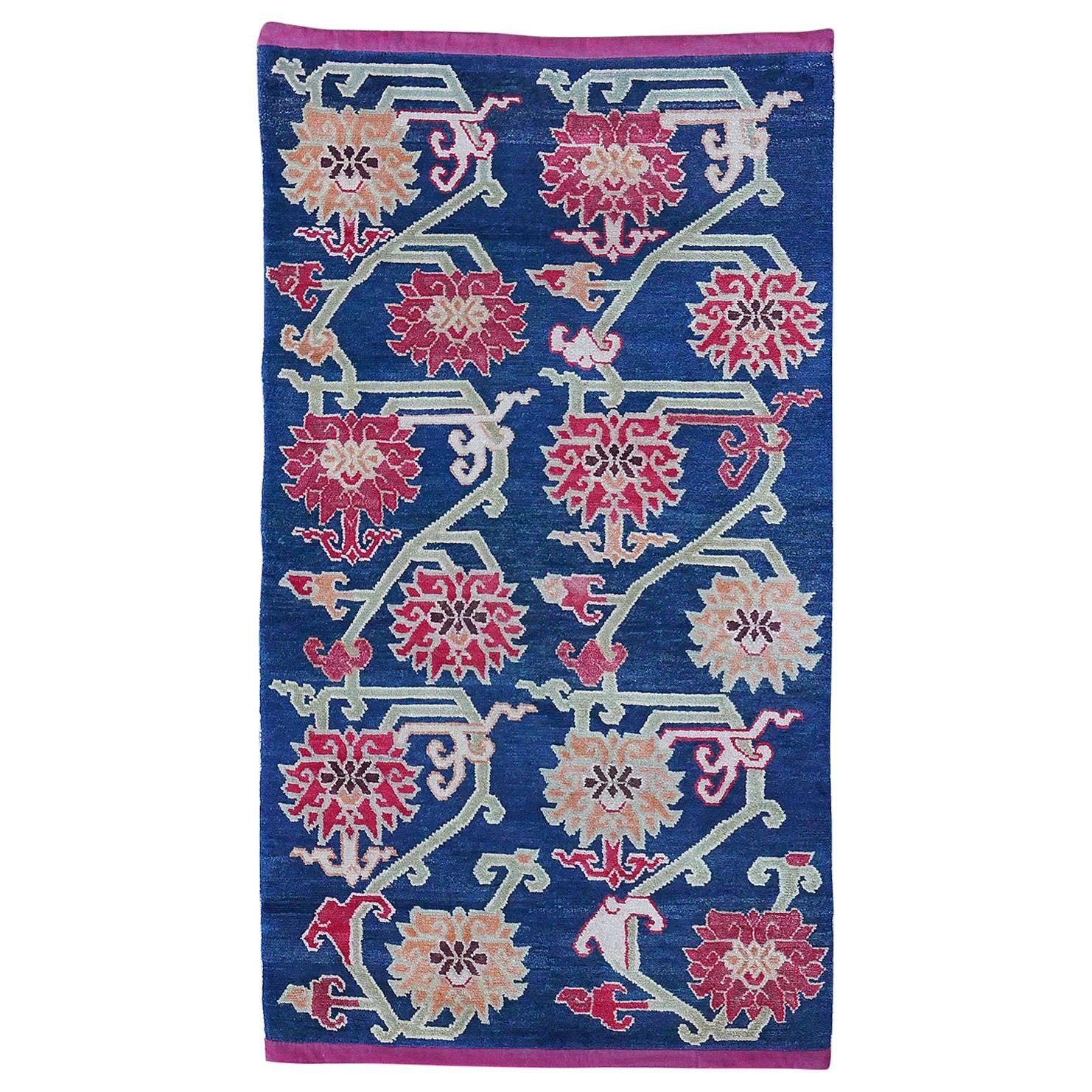 Old Tibetan Floral Scatter Rug Khaden with Ming Peony All-Over Design For Sale