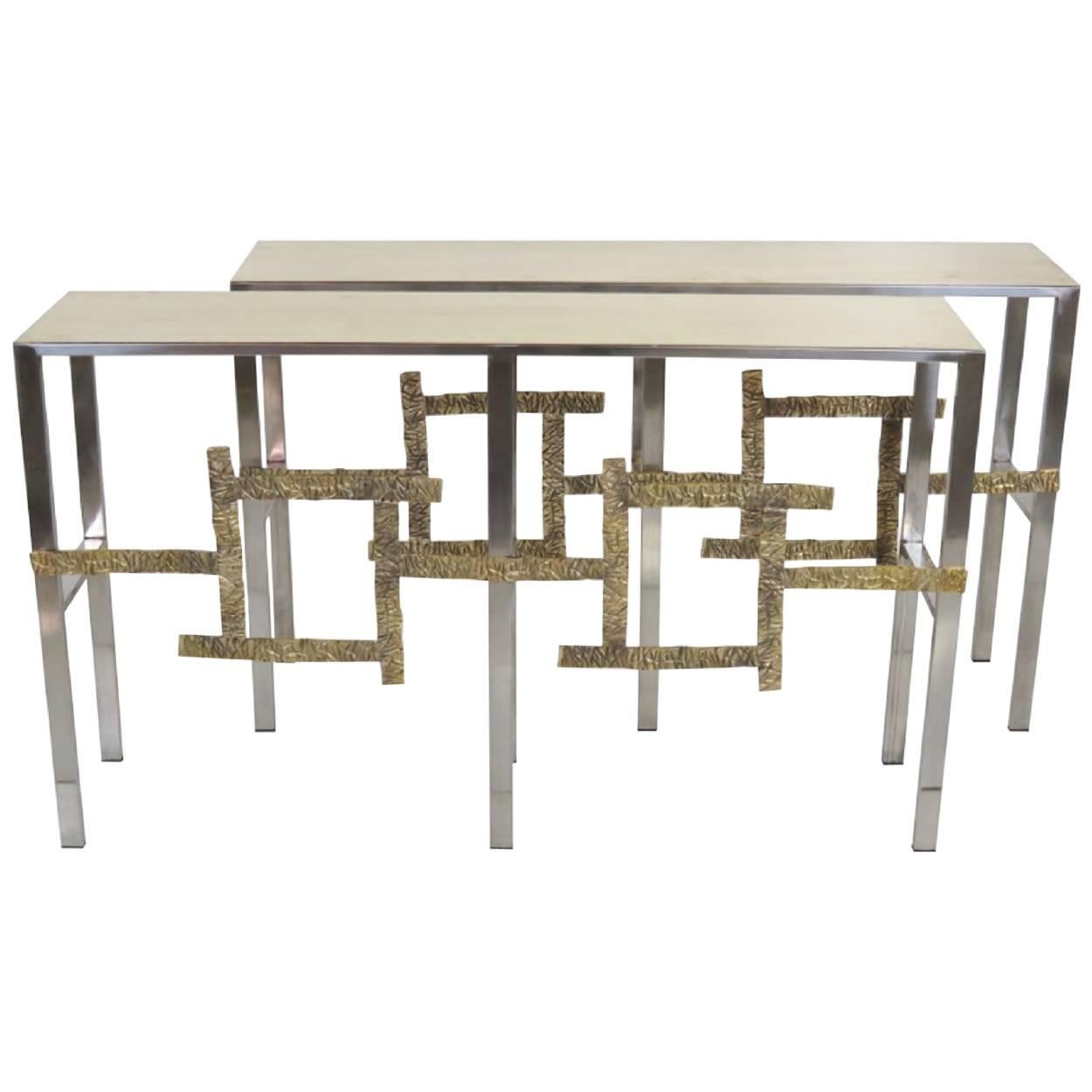 Pair of Italian Chrome and Brass Sculptural Consoles
