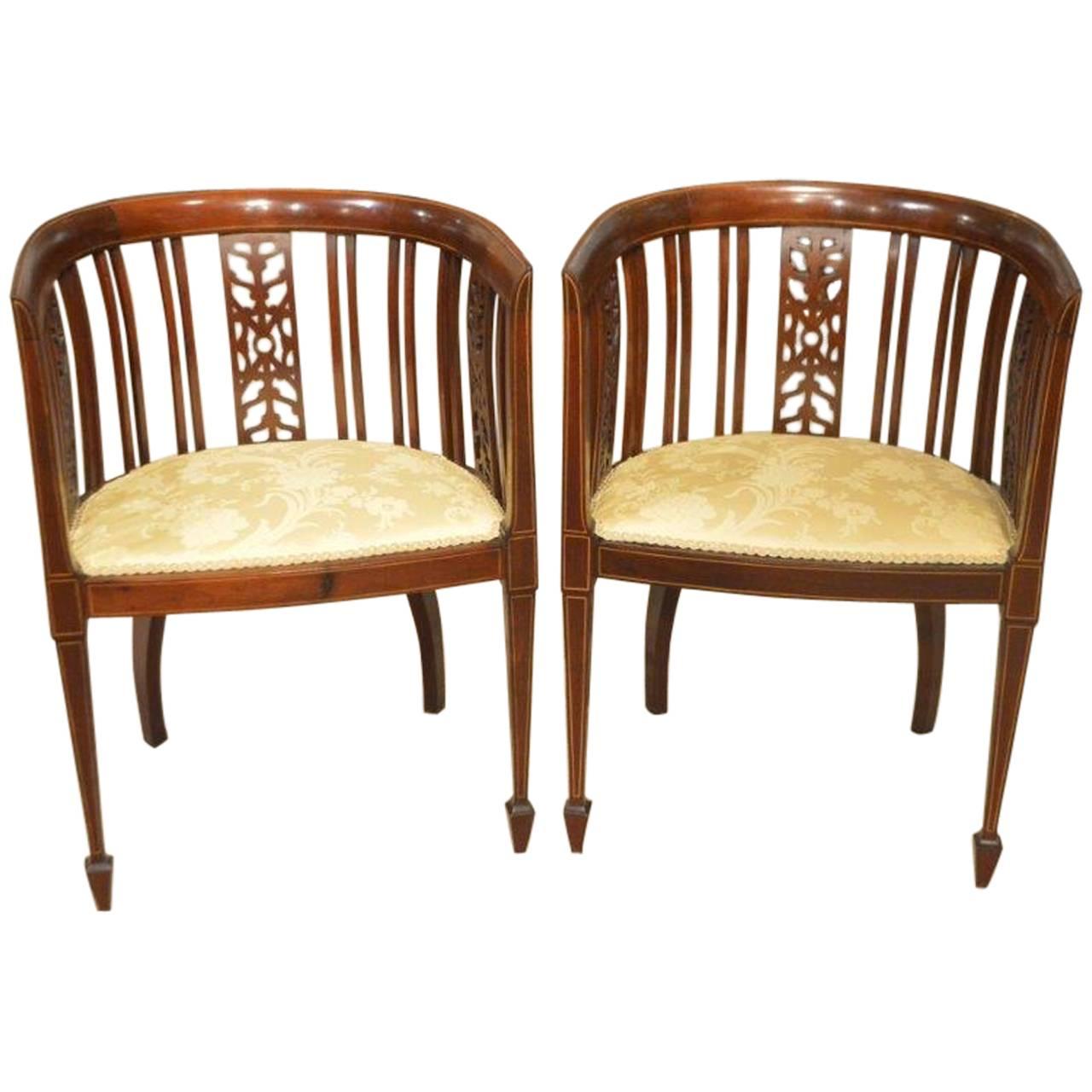 Pair of Mahogany Inlaid Edwardian Period Antique Bedroom Chairs