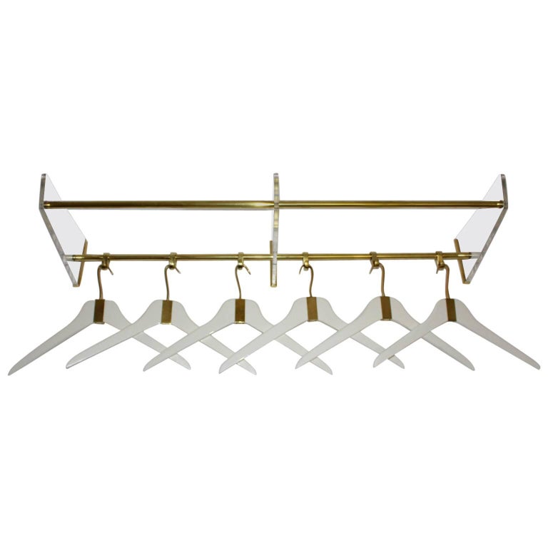 Mid Century Modern Vintage Lucite Brass Wardrobe Six Cloth Hangers