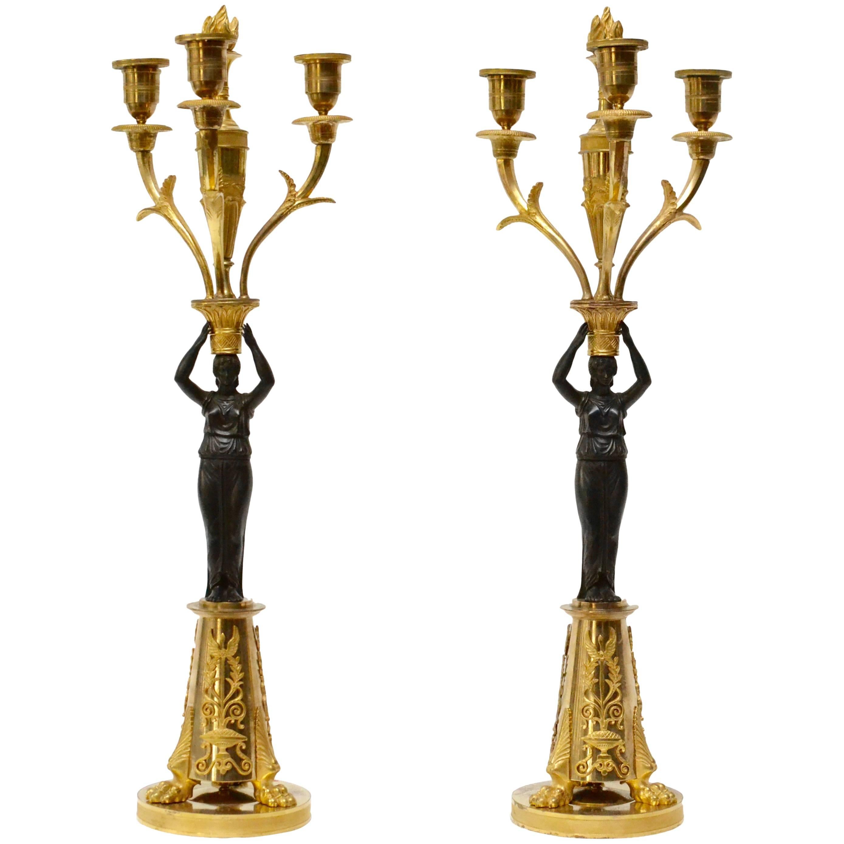 Pair of Empire Gilt Bronze and Patinated Candelabra, Possibly Germany