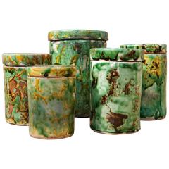 Set of Five, 1930s Italian Hand-Painted and Glazed Ceramic Cylindrical Pots 11