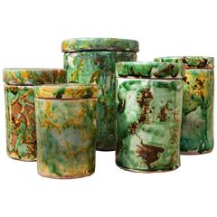 Set of Five, 1930s Italian Hand-Painted and Glazed Ceramic Cylindrical Pots