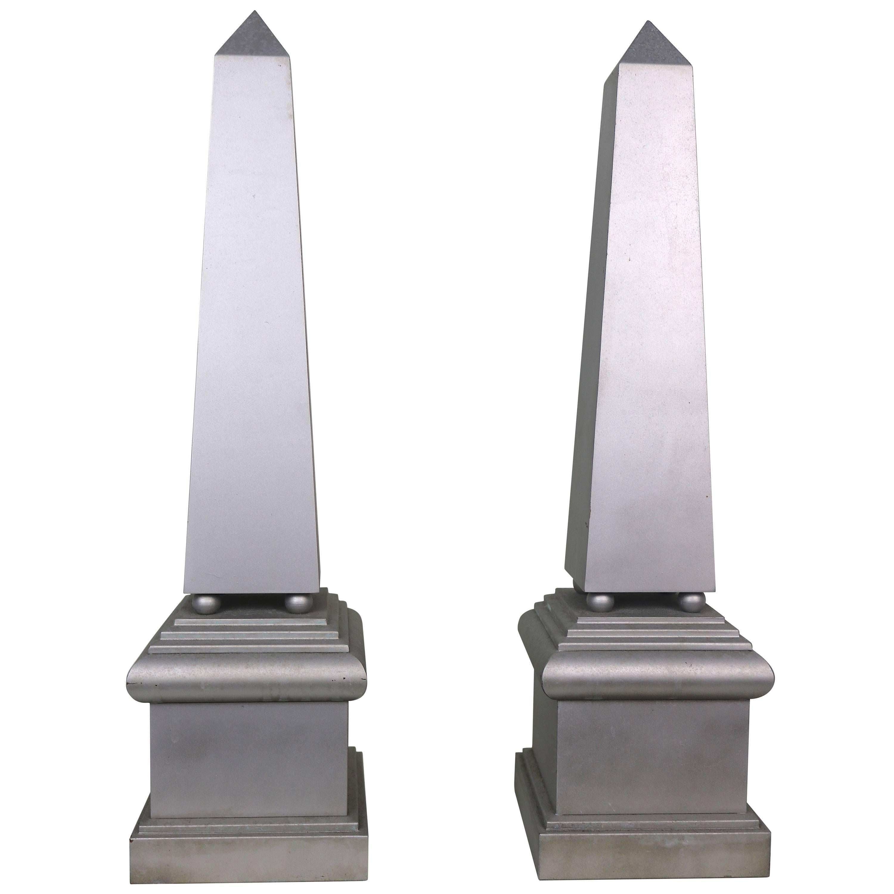 Sleek Pair Modern Minimalist Articulated Silver Obelisks- Large 2 ft. High For Sale