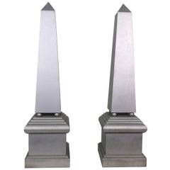 Sleek Pair Modern Minimalist Articulated Silver Obelisks- Large 2 ft. High