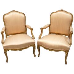 Pair of Carved Giltwood Louis XV Style Fauteuil La La Reine