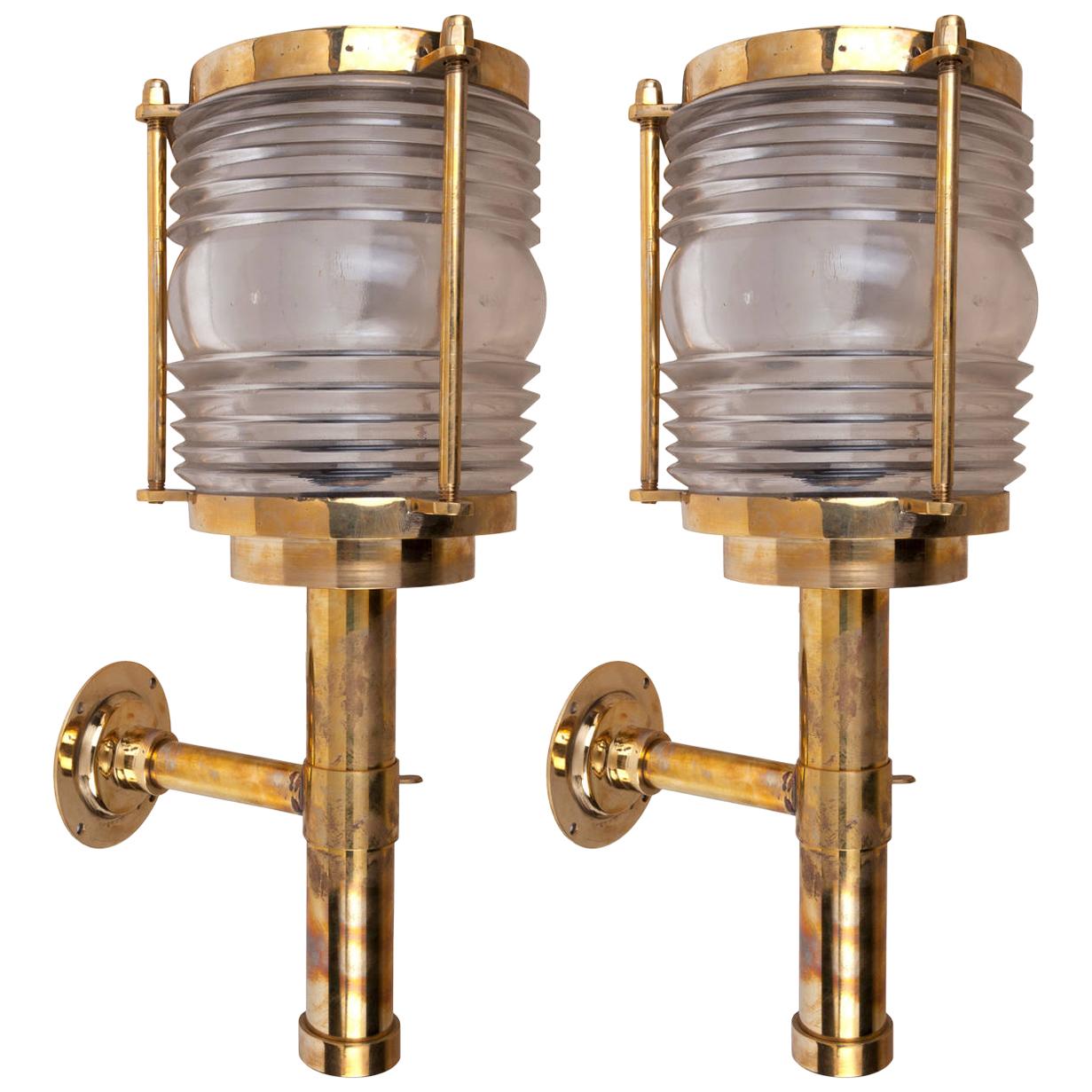 Pair of Ship's Brass Passageway Lights with Fresnel Lens, Midcentury