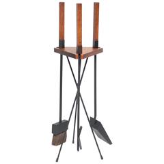 Vintage Mid-Century Modern Oak Fire Tools and Tripod Carrier