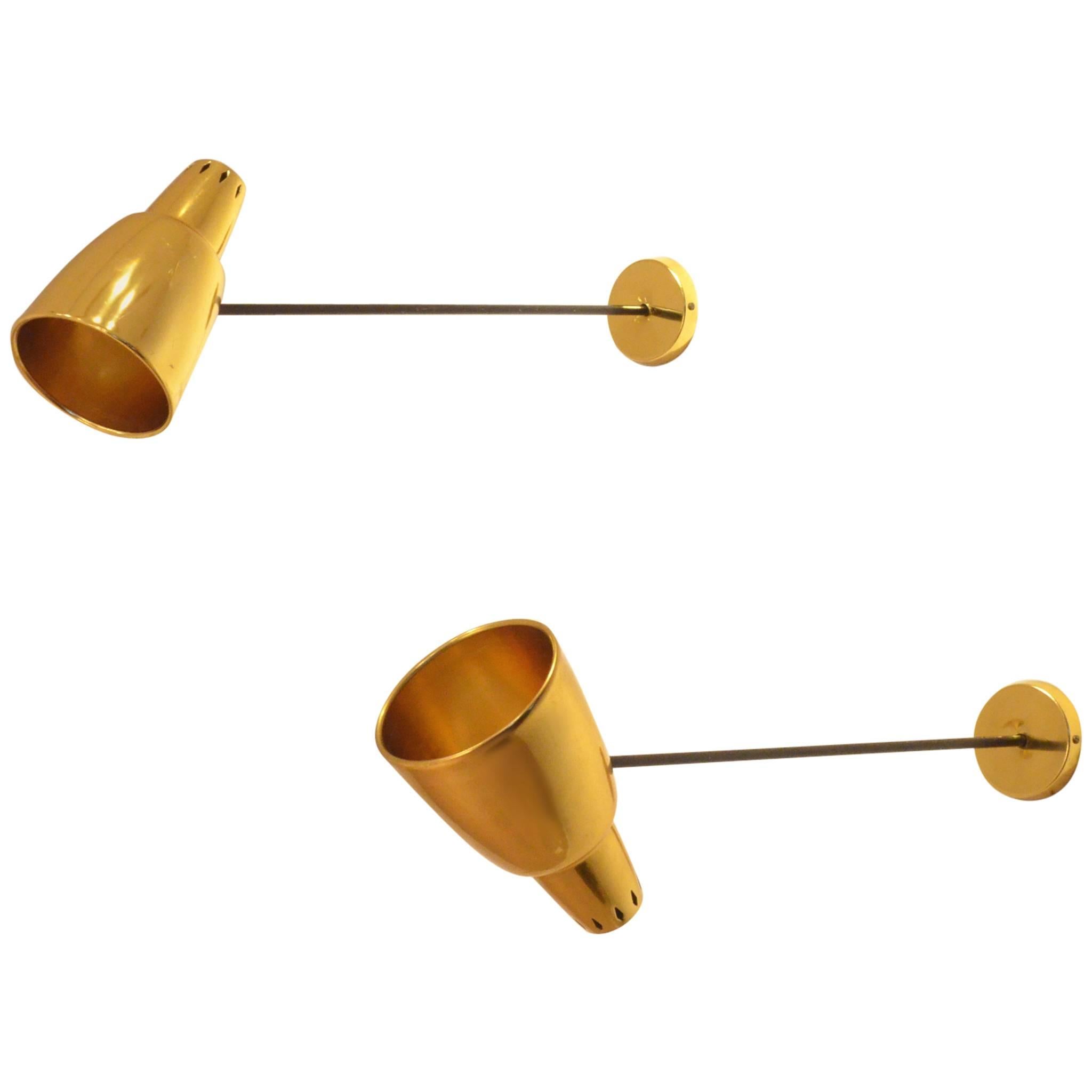 Two French Design Luminalite Golden Aluminium Metal Arm Lamps Sconces For Sale