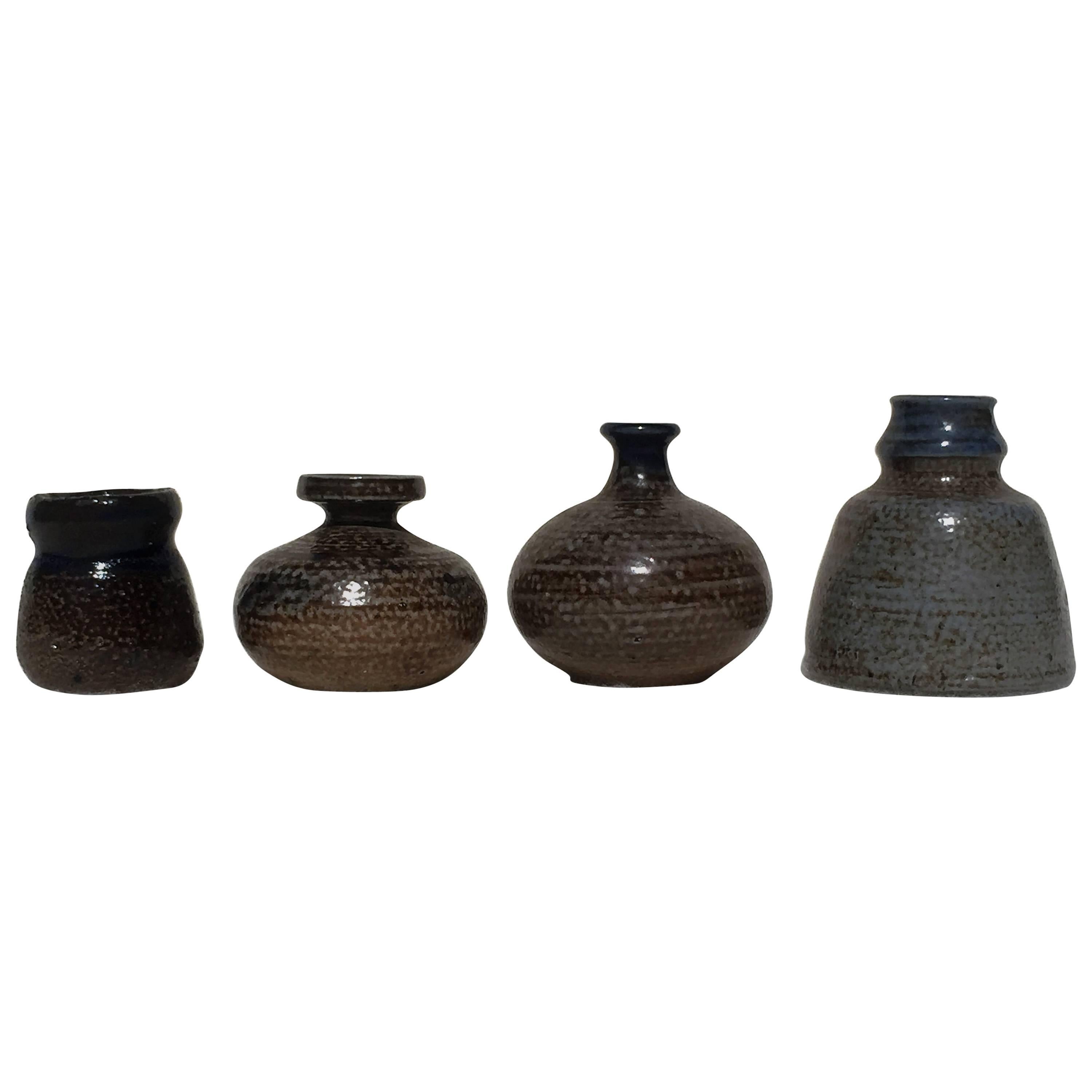 Four Miniature Vases, Grey, Blue Salt Glazed Art Pottery, Germany, 1960, Set #2 For Sale