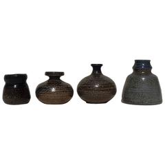 Vintage Four Miniature Vases, Grey, Blue Salt Glazed Art Pottery, Germany, 1960, Set #2