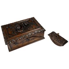 Antique 19th Century Carved Oak Desktop Storage Box with Carved Ink Blotter