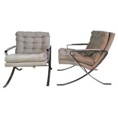 Vintage Pair of 1970s Flat Steel Chrome Lounge Chairs, Milo Baughman Inspired Bernhardt