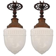 One of Two 1920s Milk Glass Pendant Light