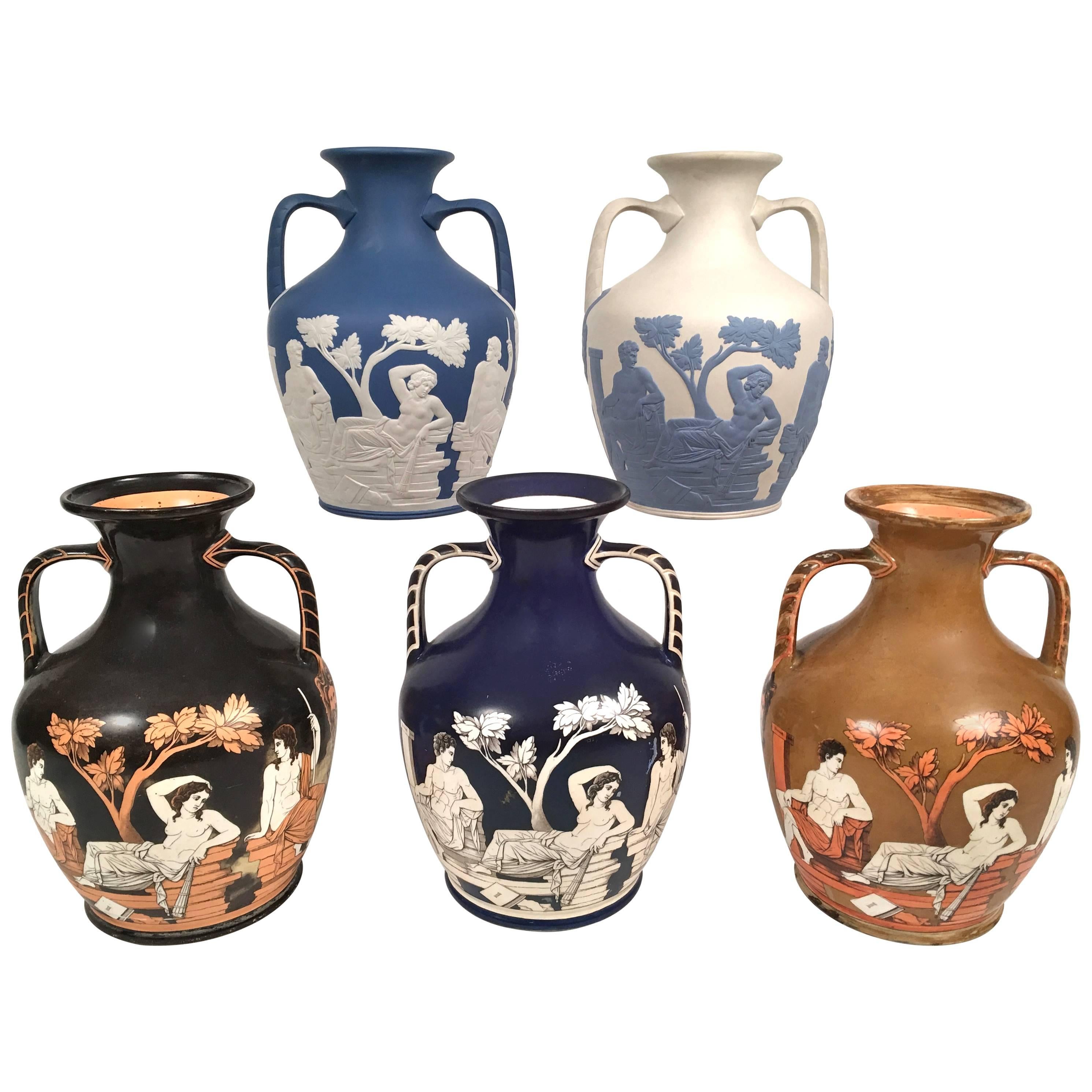 Rare Collection of Five English Pottery Portland Vases