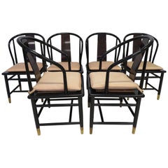 Fabulous Set of Six Scene Three Asian Style Lacquered Dining Chairs Henredon